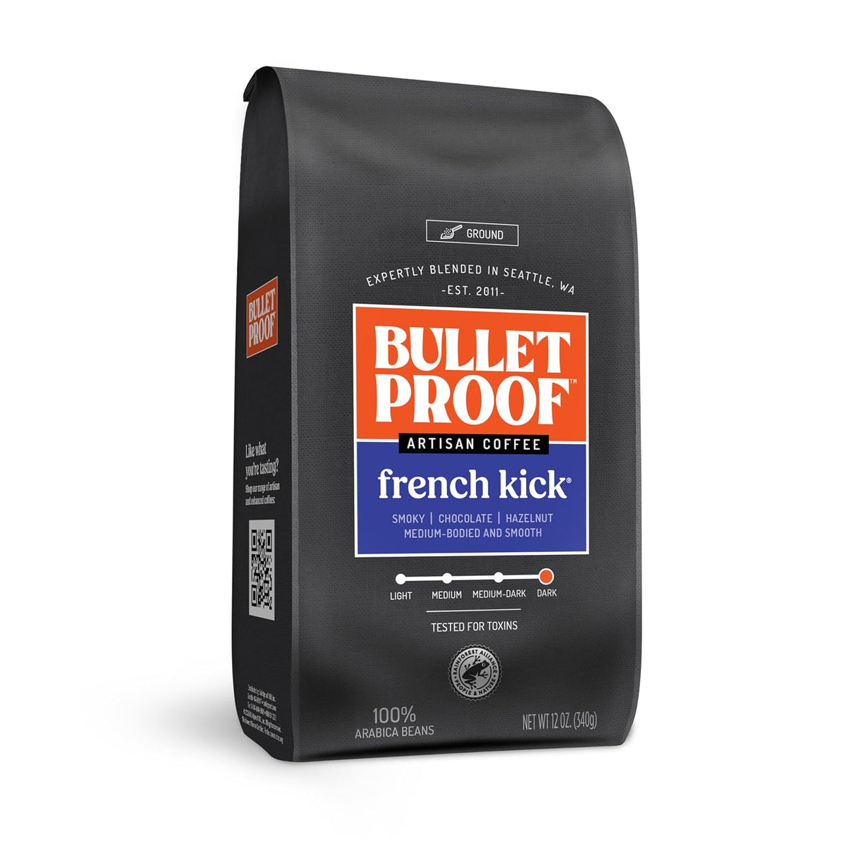 Bag of Bulletproof Original Cold Brew Coffee, medium roast ground coffee in a 12 oz package with a black label.