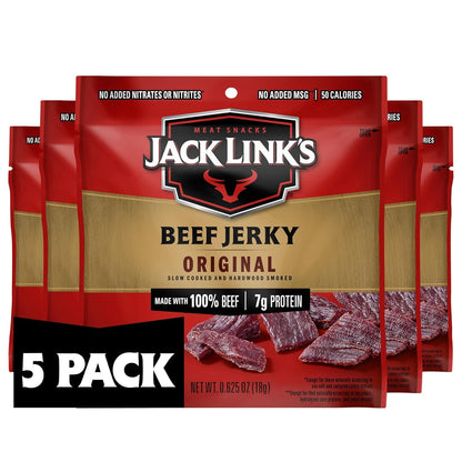 Jack Link's Teriyaki Beef Jerky multipack with five 0.625 oz packs, featuring flavorful, savory beef jerky in individual snack sizes.