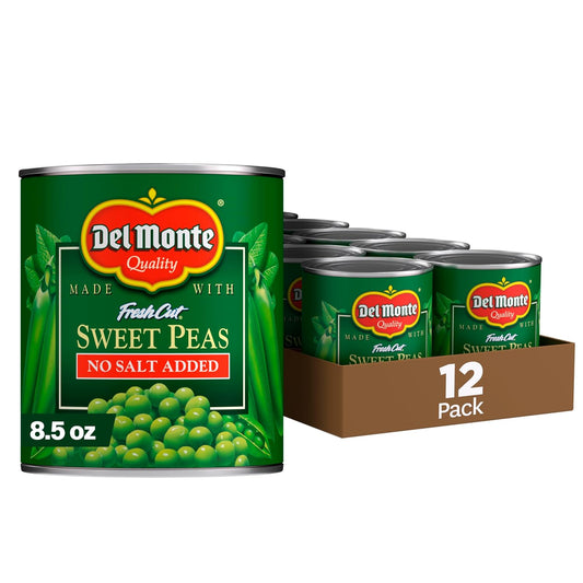 Canned Del Monte sweet peas with no salt added, 8.5-ounce pack of 12, showing fresh green peas in a can.