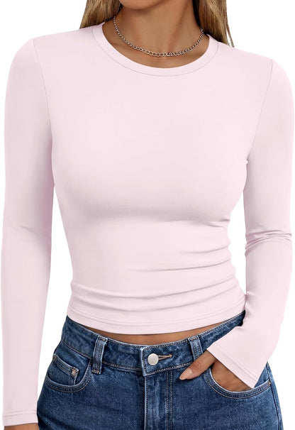 Trendy Queen women's long sleeve T-shirt in fall fashion, basic Y2K style, casual top with a fitted design and soft fabric.