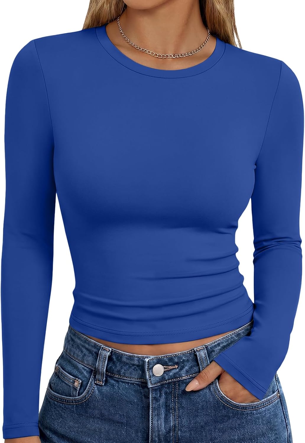 Trendy Queen women's long sleeve T-shirt with Y2K-inspired fall fashion design, featuring a basic, stylish look.