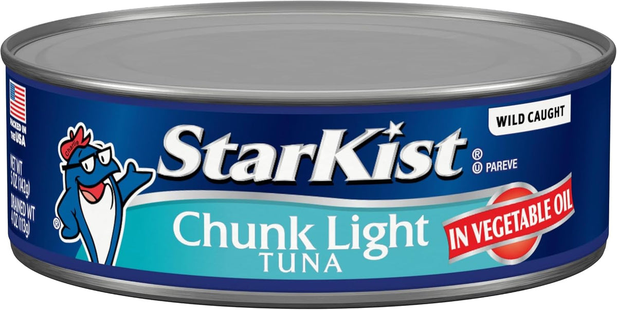 StarKist Chunk Light Tuna in Water canned seafood pack, 8 cans of 5oz each, stored in a pantry.