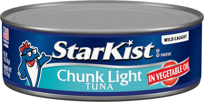 StarKist Chunk Light Tuna in Water canned seafood pack, 8 cans of 5oz each, stored in a pantry.