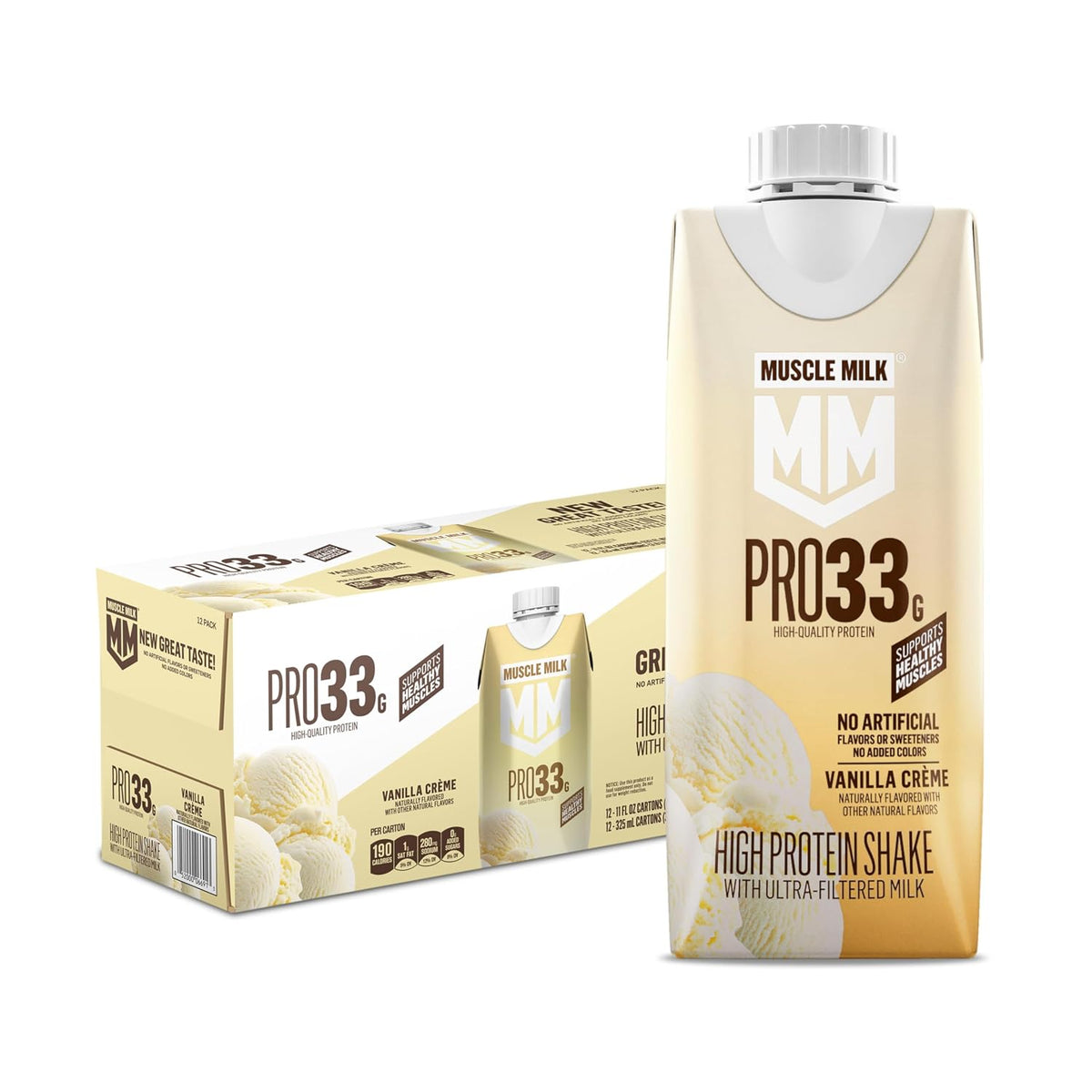 Muscle Milk Pro Liquid High Protein Shake in chocolate flavor, ready-to-drink protein beverage, 11 fl oz, pack of 12 bottles.