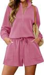 KISSMODA women's lounge set with matching sweatshirt top and shorts, comfortable casual wear for relaxing or lounging at home.