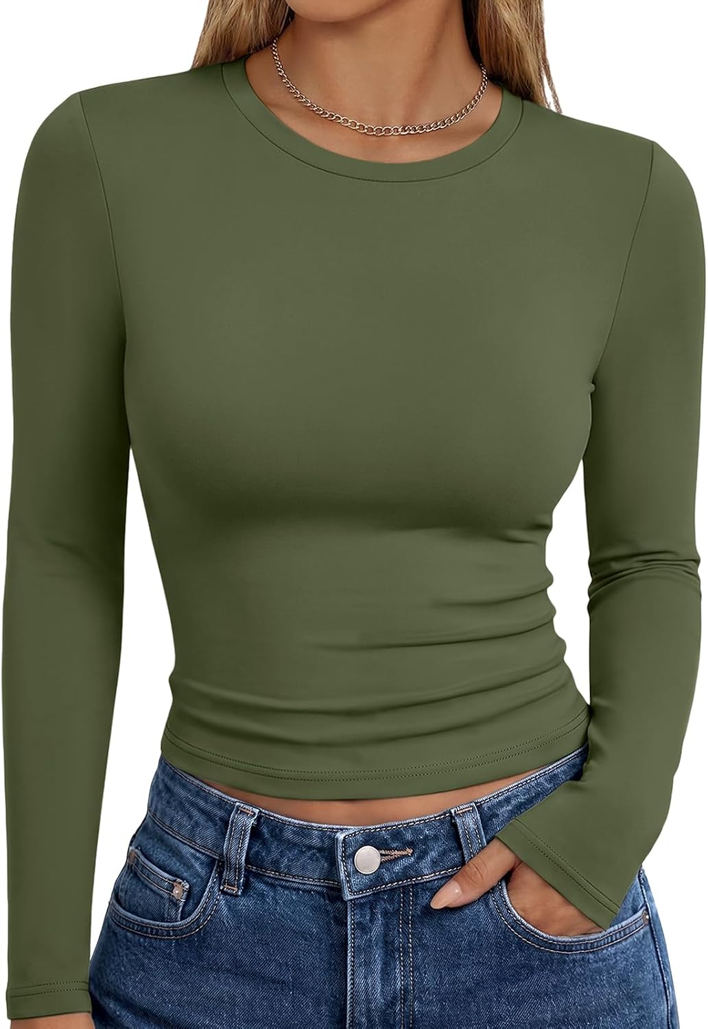 Trendy Queen women's long sleeve T-shirt featuring fall fashion Y2K style, basic casual top with a comfortable fit.