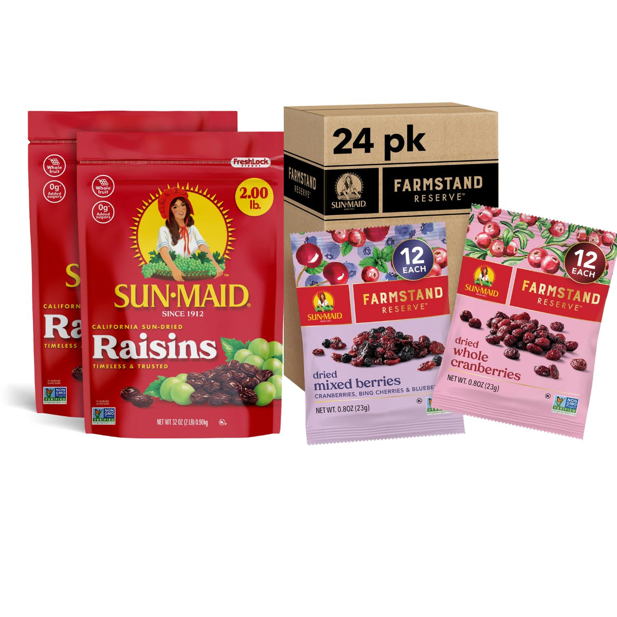 Sun-Maid dried fruit bundle with 32 oz California sun-dried raisins and 15 oz mixed berries including cranberries, cherries, and blueberries.