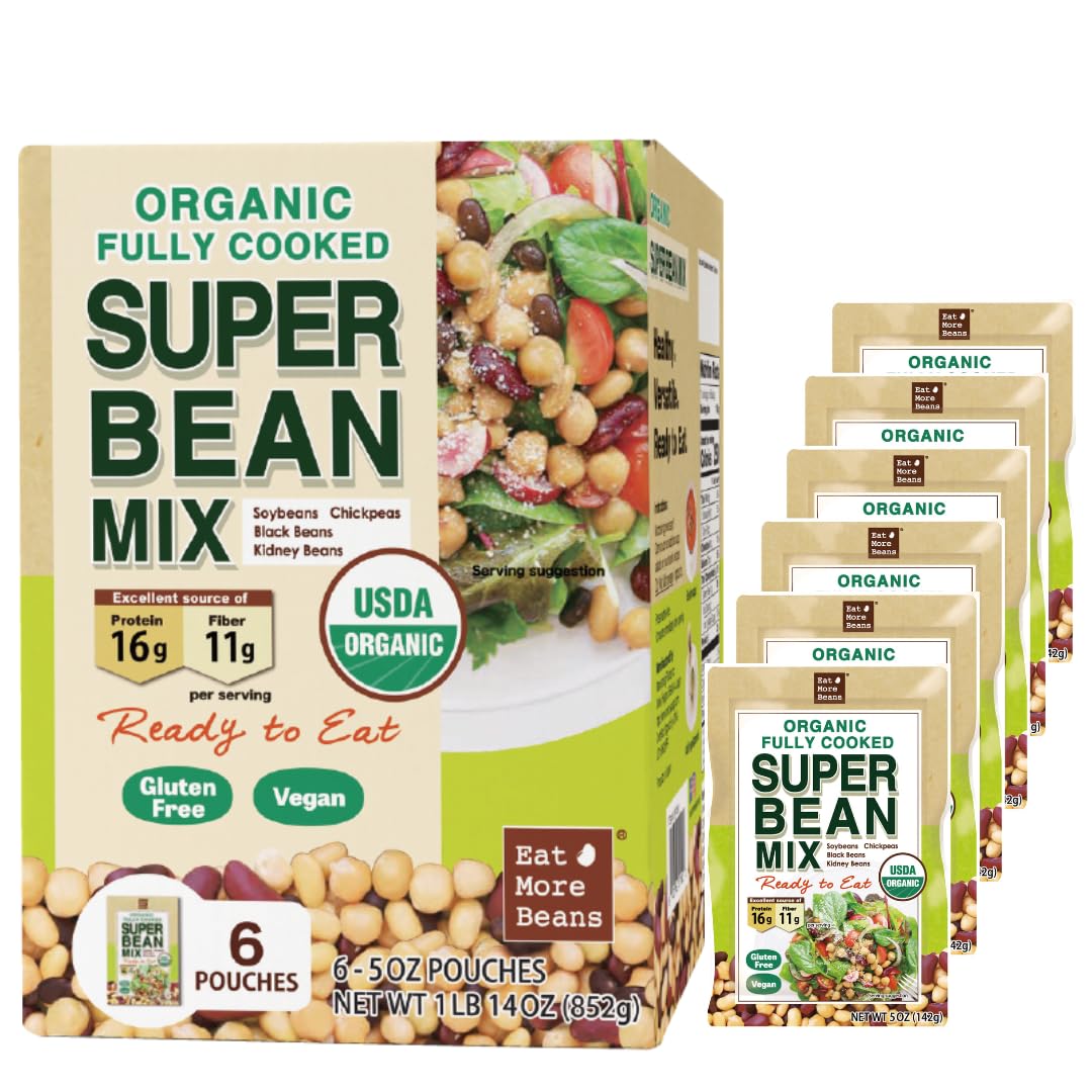 Eat More Beans organic fully cooked super bean mix in 5oz packs, ready-to-eat healthy beans with colorful bean variety