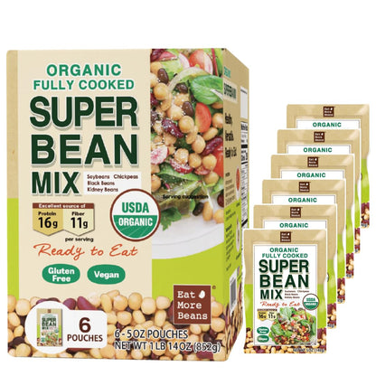 Eat More Beans organic fully cooked super bean mix in 5oz packs, ready-to-eat healthy beans with colorful bean variety
