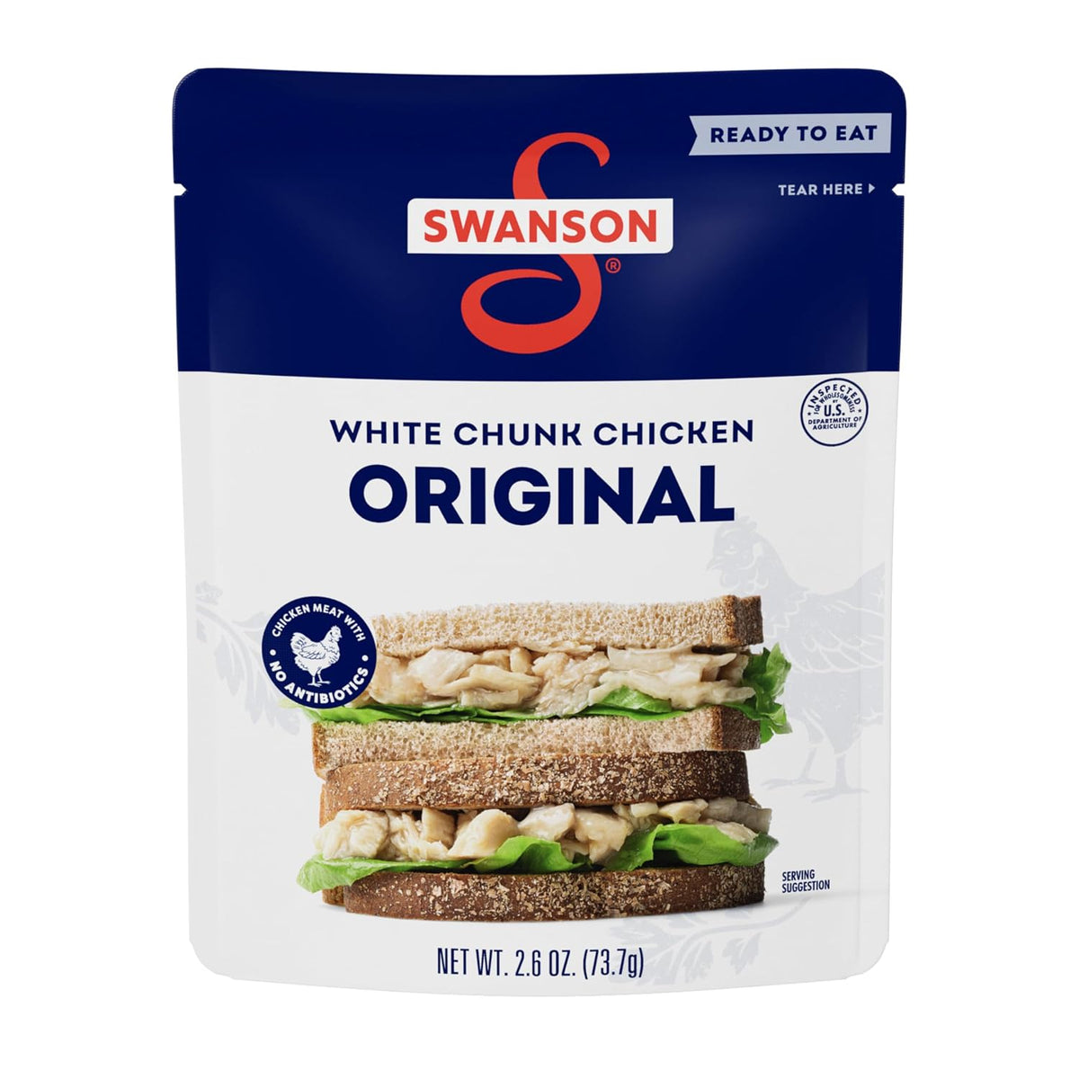 Canned Swanson White Premium Chunk Chicken in Water, 4 cans of 2.4 oz each, displayed in a row for cooking and meal prep.