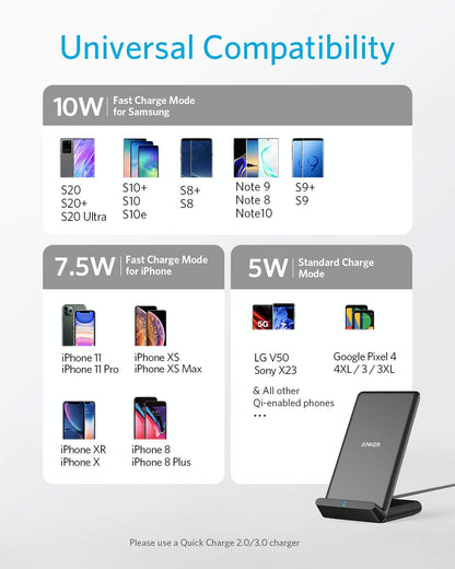 Anker 313 wireless charging stand with a sleek design for fast charging smartphones and compatible devices.