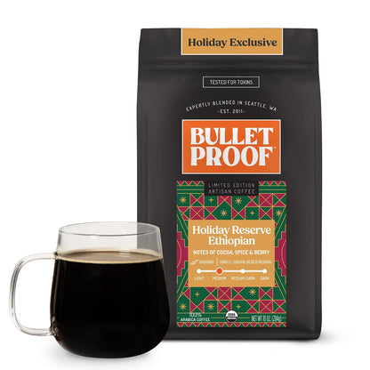 Three 12 oz packages of Bulletproof Original Medium Roast Ground Coffee, showcasing the coffee grounds in clear packaging.