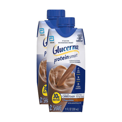 Glucerna diabetes care protein shake in a glass, supporting blood sugar management with high protein content.