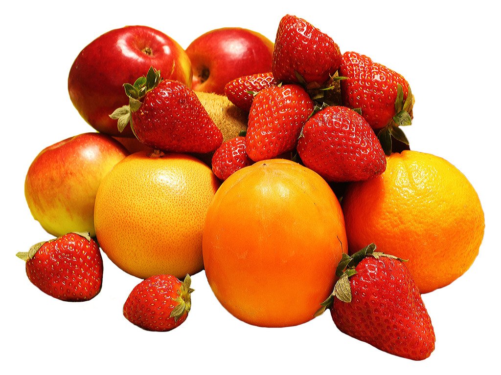 Fresh seasonal fruit bundle from FARMER'S MARKET featuring four varieties of fresh, colorful fruits on a wooden surface.