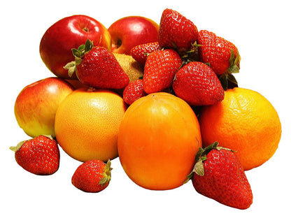 Fresh seasonal fruit bundle from FARMER'S MARKET featuring four varieties of fresh, colorful fruits on a wooden surface.