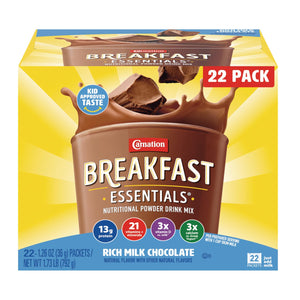 Carnation Breakfast Essentials Original Nutritional Powder Drink mix in a tall container for instant breakfast nutrition.