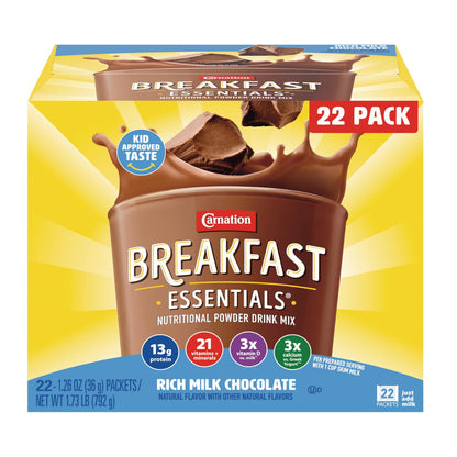 Carnation Breakfast Essentials Original Nutritional Powder Drink mix in a tall container for instant breakfast nutrition.