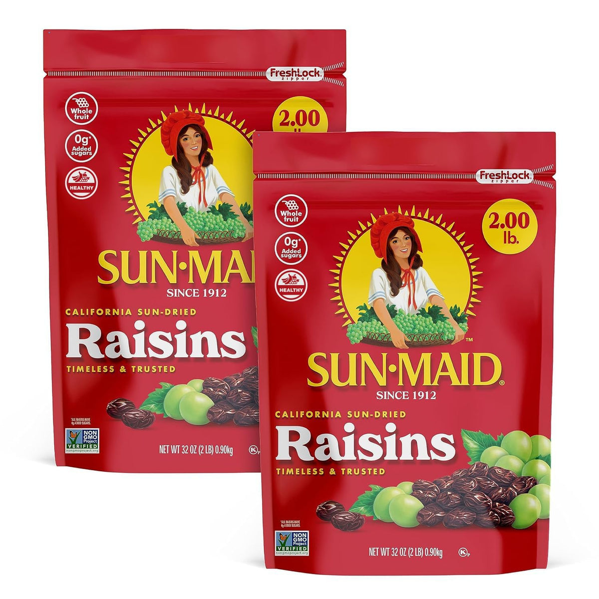 Sun-Maid California Sun-Dried Raisins in snack-size boxes, displayed in a fruit gift basket, showcasing dried grape clusters.