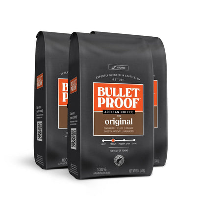Bulletproof Original Cold Brew Coffee ground medium roast in 12 oz package, coarse ground coffee for brewing.