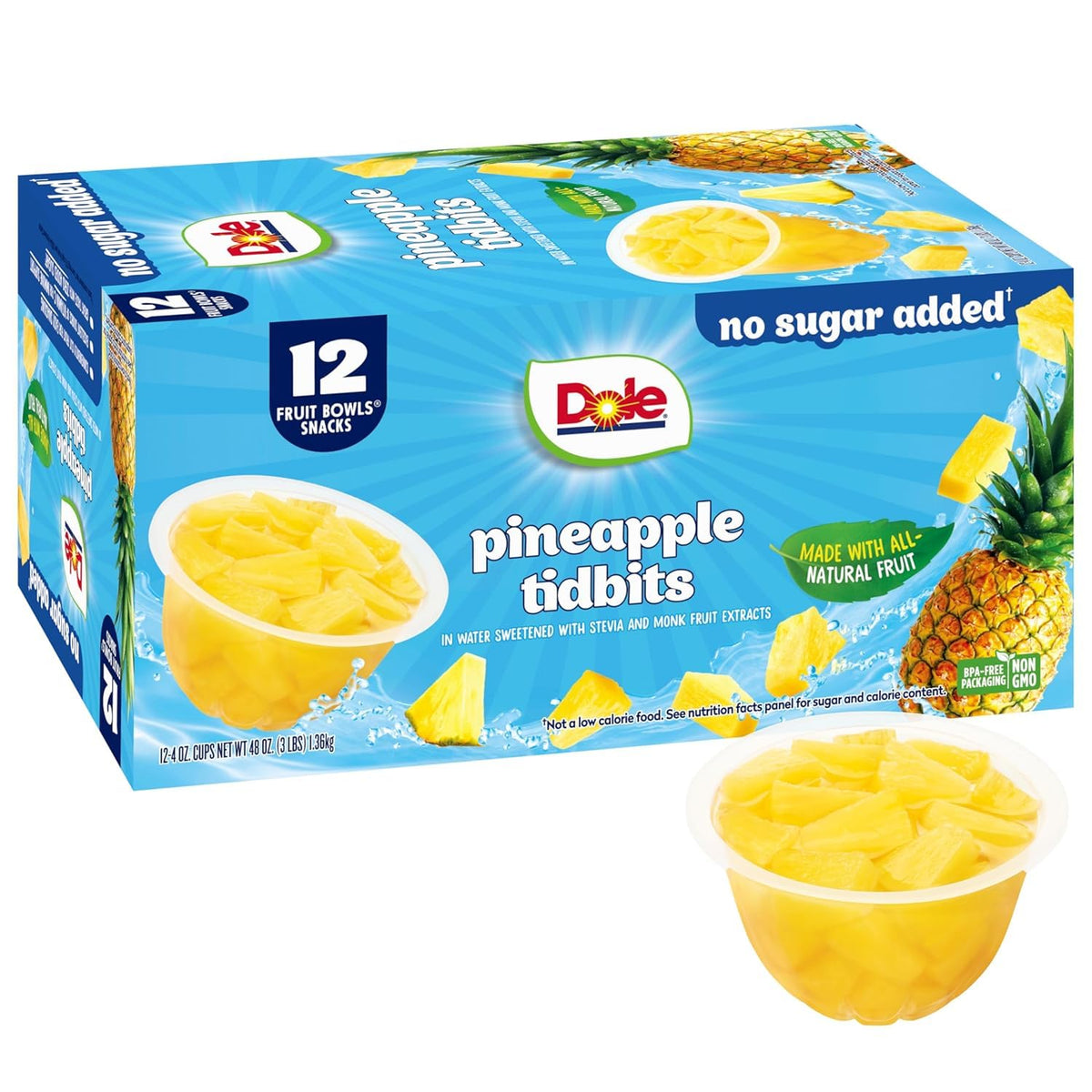 Canned Dole pineapple tidbits and tropical fruit in 4 oz bowls, 12-pack, showing colorful fruit pieces in syrup.