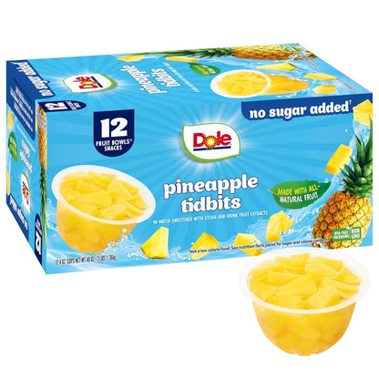 Canned Dole pineapple tidbits and tropical fruit in 4 oz bowls, 12-pack, showing colorful fruit pieces in syrup.