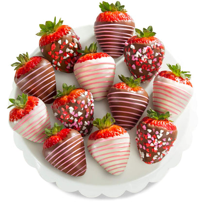 A Gift Inside chocolate-covered strawberries gift box with 12 fresh dipped berries, perfect for birthdays, thank yous, or anniversaries.
