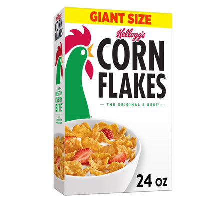 Bowl of Kellogg's Corn Flakes Original breakfast cereal served with milk, showcasing the crispy golden flakes.