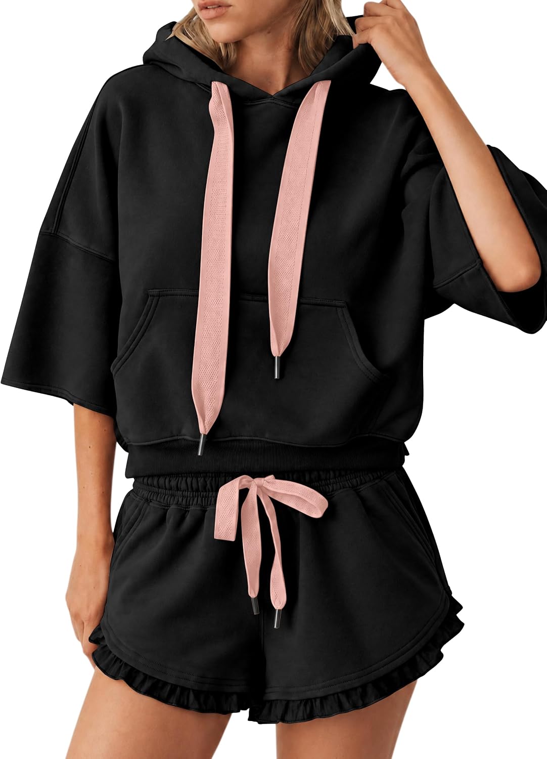 Lauweion women's 2-piece sweat set with boxy hoodie and ruffle trim shorts, casual loungewear ensemble in soft fabric.