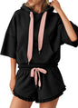 Lauweion women's 2-piece sweat set with boxy hoodie and ruffle trim shorts, casual loungewear ensemble in soft fabric.