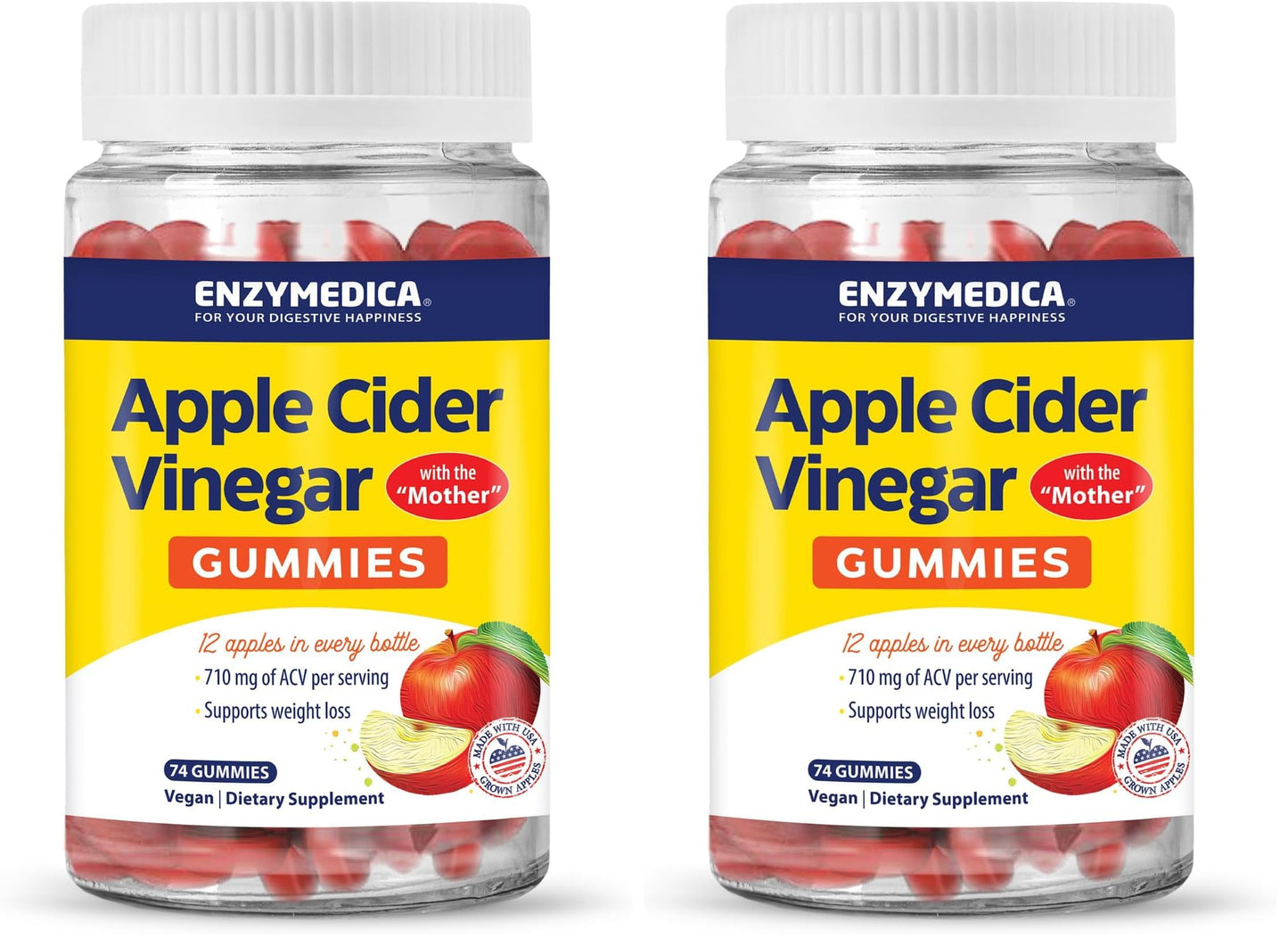 Enzymedica Apple Cider Vinegar Supplement for Women & Men - Apple Cider Vinegar Gummies with Mother, 1000 mcg Vitamin B12 & 710 mg ACV per Serving, Gut Health & Digestive Support, Vegan - 74 Count