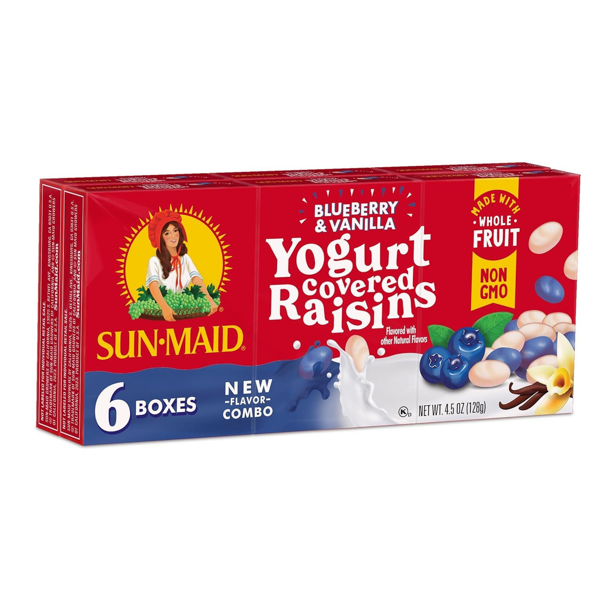 Sun-Maid raisin snack pack bundle featuring blueberry vanilla yogurt and classic California raisins in 1 oz boxes.