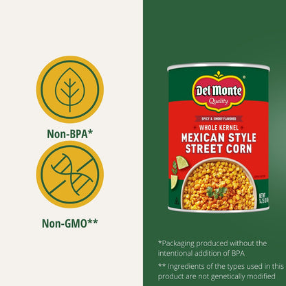 Canned Del Monte Mexican Street Corn in 14.75 oz. cans, pack of 12, showing colorful corn with spices and lime on the label