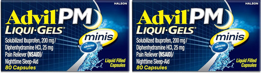 Advil PM Mini Liqui-Gels with 200mg ibuprofen for sleep support, shown in a bottle with 80 capsules.
