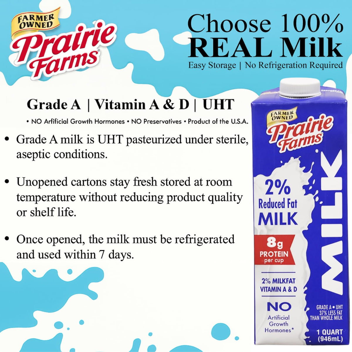 Prairie Farms 2% shelf-stable milk in a boxed 1-quart pack, vitamin D, hormone-free, gluten-free, and kosher.