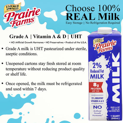 Prairie Farms 2% shelf-stable milk in a boxed 1-quart pack, vitamin D, hormone-free, gluten-free, and kosher.