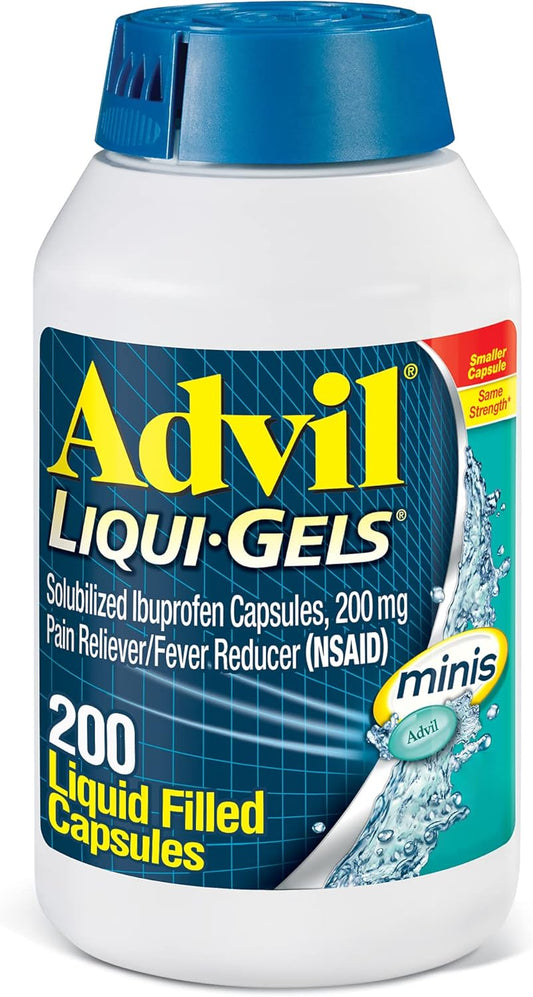 Advil Liqui-Gels minis pain reliever capsules with 200mg ibuprofen for adult pain relief and fever reduction.