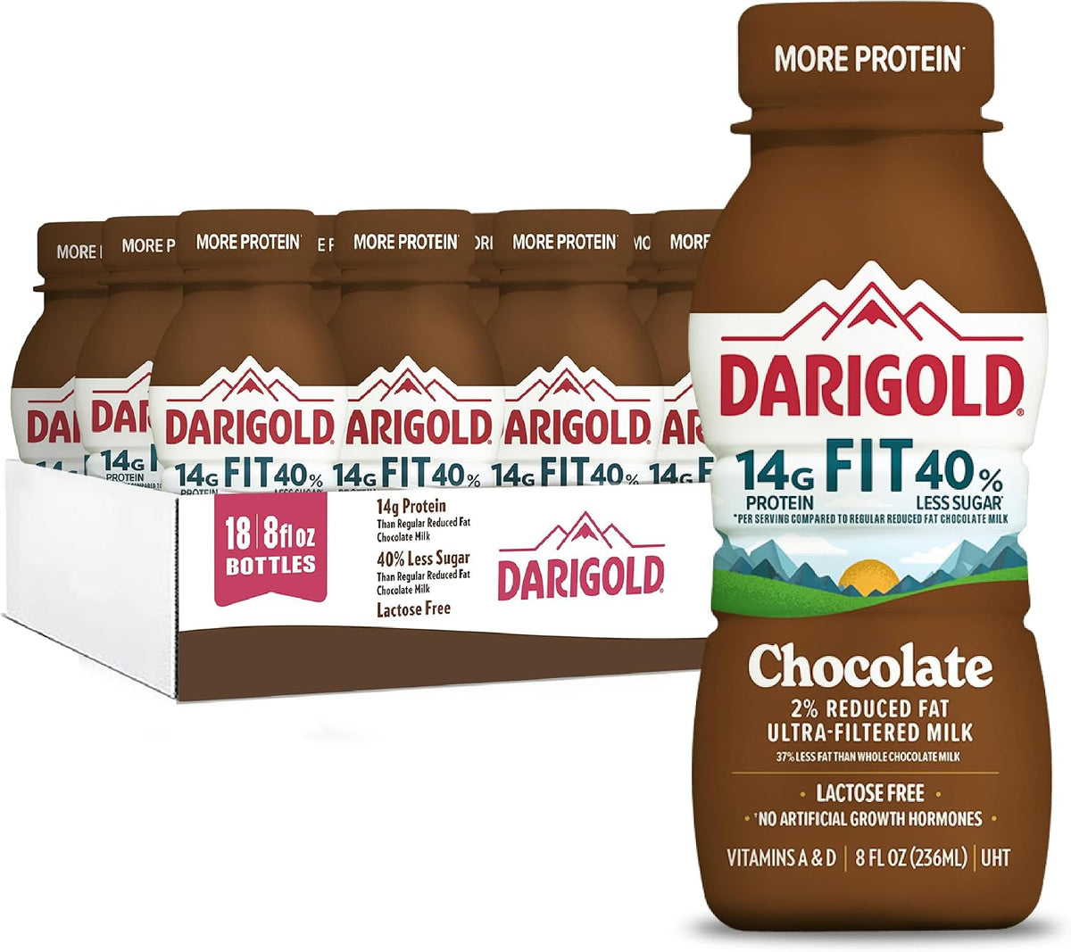 Darigold Fit lactose-free chocolate milk bottle, 8oz, with 14g protein and less sugar, in an 18-pack carton.