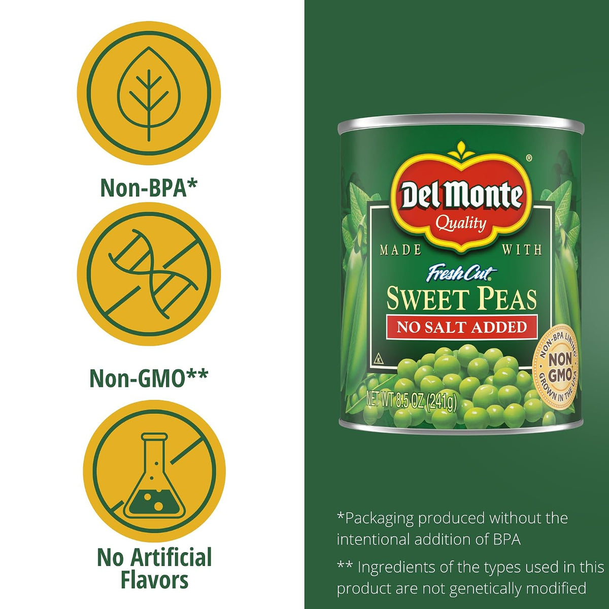 Canned Del Monte sweet peas with no salt added in 8.5-ounce can, stacked in a pack of 12, showing the peas inside the can