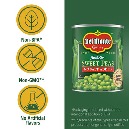 Canned Del Monte sweet peas with no salt added in 8.5-ounce can, stacked in a pack of 12, showing the peas inside the can