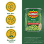 Canned Del Monte sweet peas with no salt added in 8.5-ounce can, stacked in a pack of 12, showing the peas inside the can