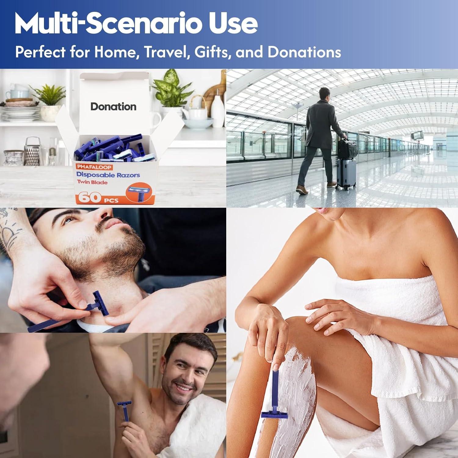 Phafaloop Twin Blade Disposable Razors for Men & Women – Bulk 60 Pack Stainless Steel Shavers with Lubricating Strip, Safety Cap & Non-Slip Handle for Sensitive Skin, Travel, Hotel, Charity – Blue.