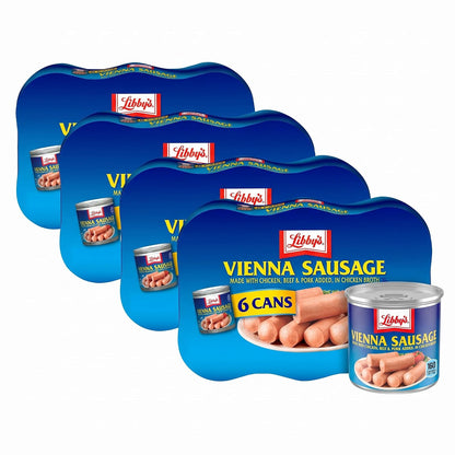 Libby's Vienna Sausage canned meat in a 4.6 oz. can, ready to eat, with 10g protein per serving, shown in a bulk pack of six.