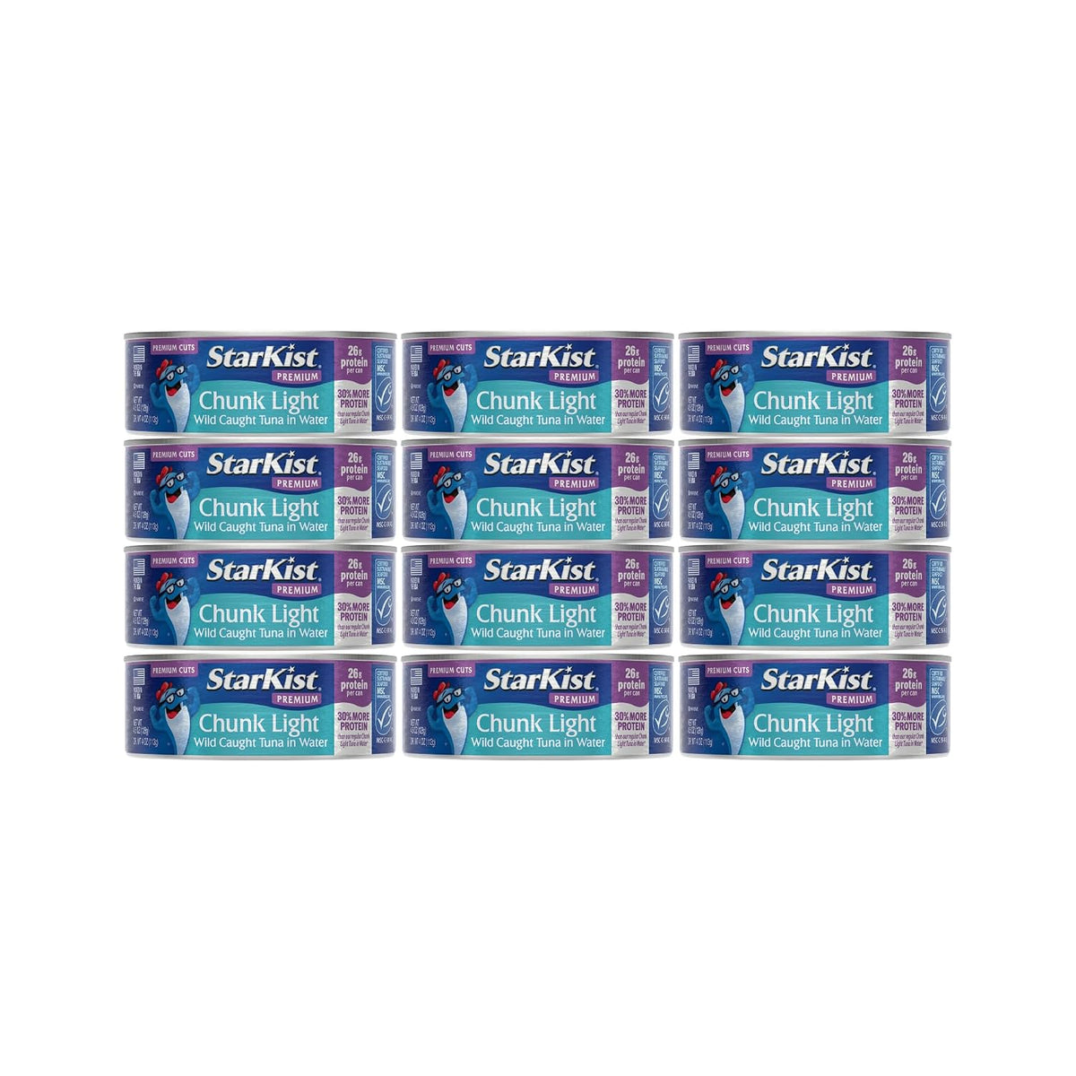 Eight 5oz StarKist Chunk Light Tuna in Water cans in a pantry storage pack, ready for cooking or snacking.