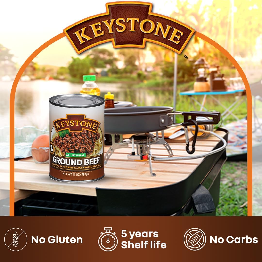 Keystone Meats 24-can variety pack featuring canned beef, chicken, turkey, pork, and ground beef, ideal for pantry and emergency use