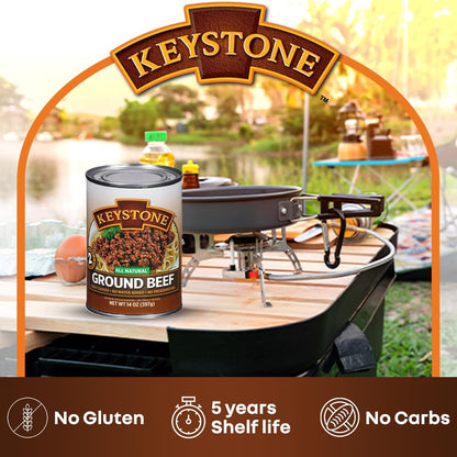 Keystone Meats 24-can variety pack featuring canned beef, chicken, turkey, pork, and ground beef, ideal for pantry and emergency use