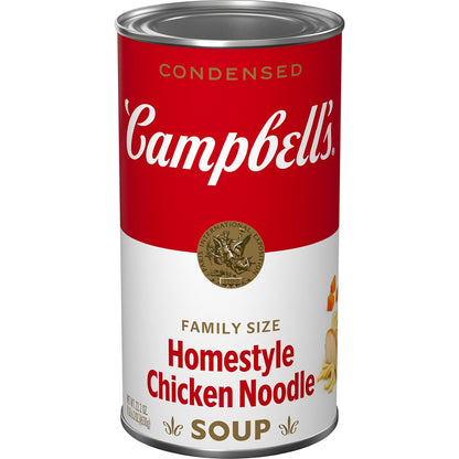 Four 10.75 oz cans of Campbell's condensed chicken noodle soup, featuring labels and metal cans with soup content.