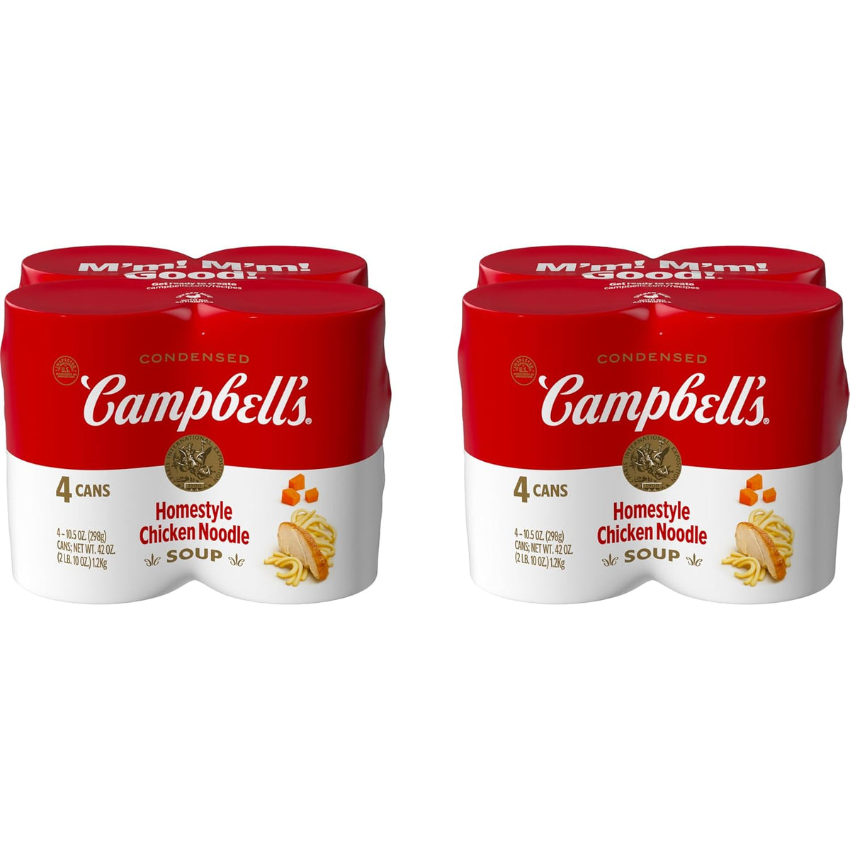 Four 10.75 oz cans of Campbell's condensed chicken noodle soup, packaged in a clear plastic wrap.