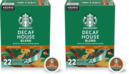 Starbucks Decaf House Blend K-Cup coffee pods, medium roast, 40-count box with individually sealed coffee pods for Keurig machines.