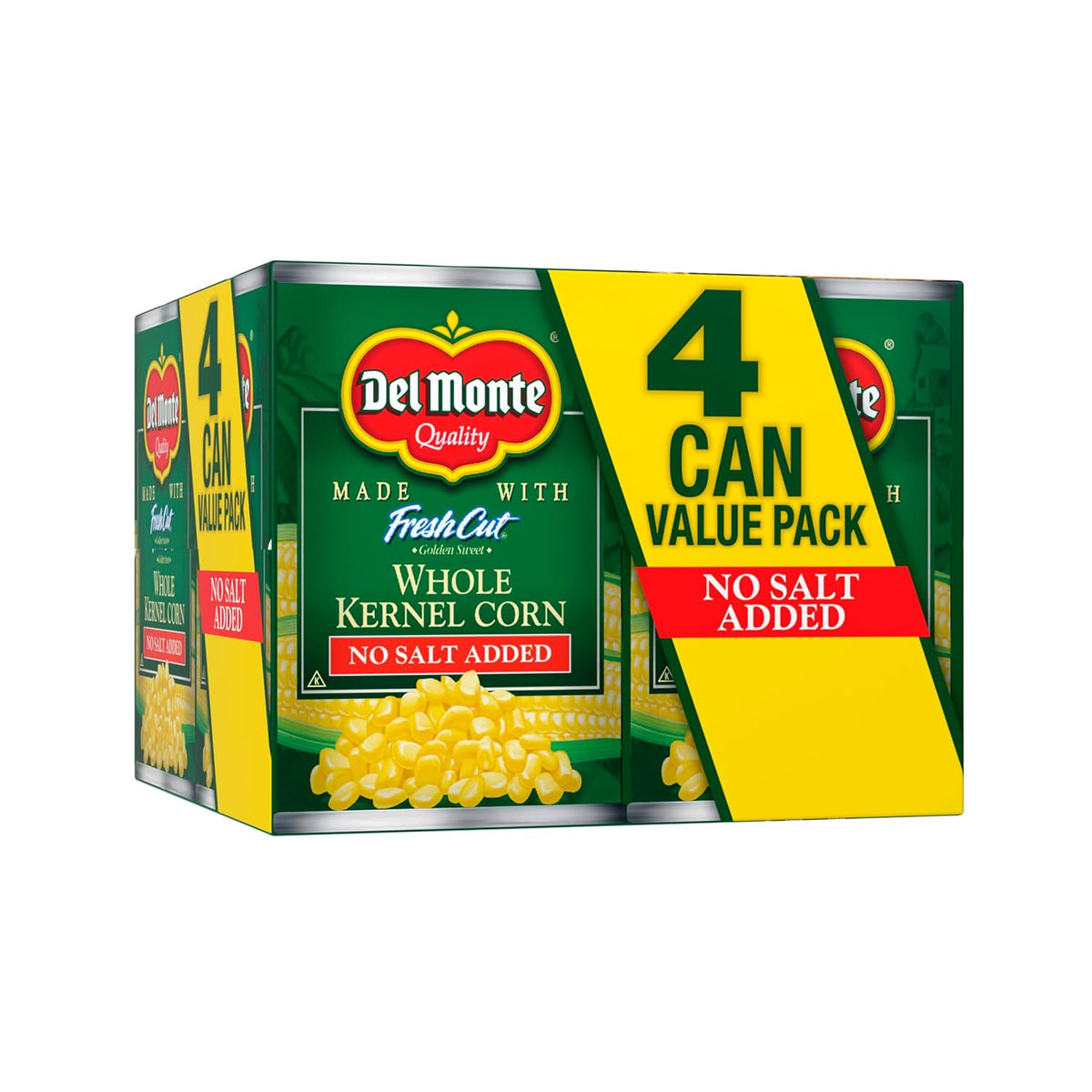Canned Del Monte Whole Kernel Gold Corn with no salt added, 8.75-ounce can, packed in a 12-pack, showing golden corn kernels inside the can
