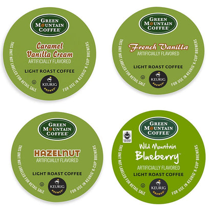 Green Mountain Coffee Roasters Favorites Collection K-Cup coffee pods in green packaging, compatible with Keurig brewers.